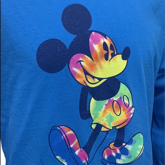 Disney Parks Blue Multi Color Rainbow Mickey Graphic T-Shirt Spellout Sleeve XL - Picture 9 of 11